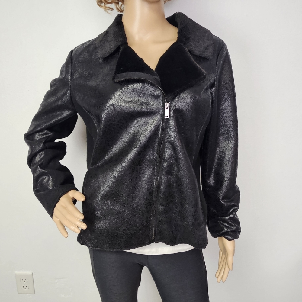 Rock & Republic Jacket Moto Black Faux Fur/Suede Sz L Biker Urban Moto